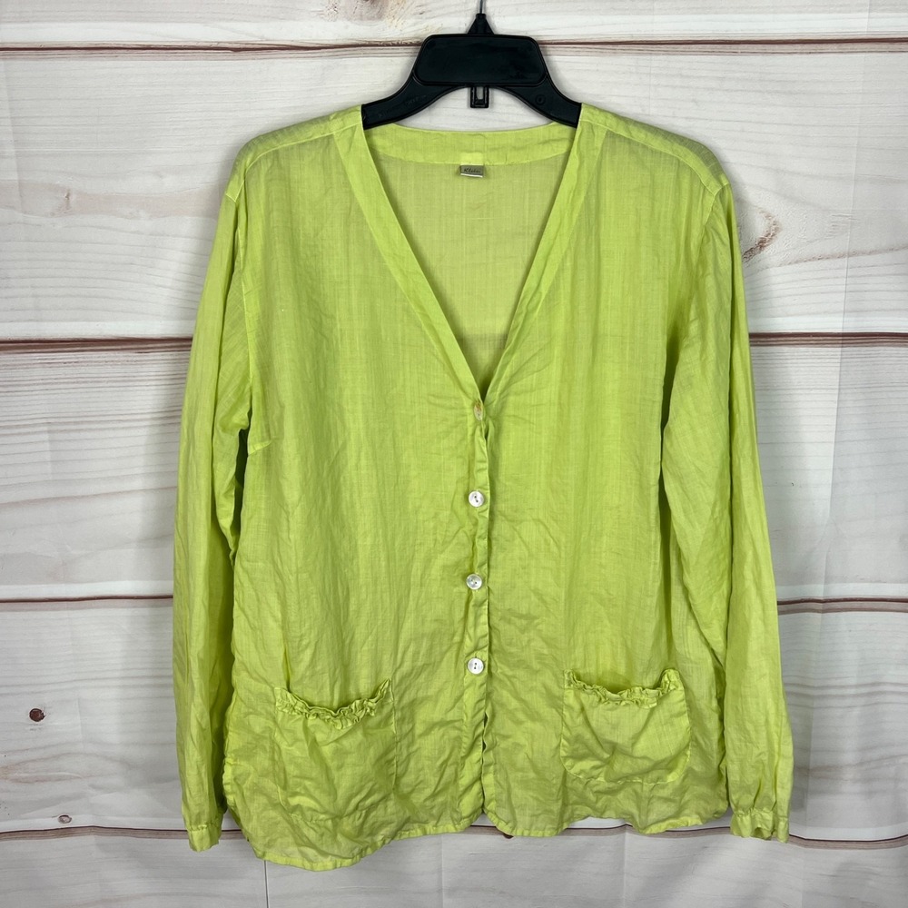 Kleen Top Womens Large Green Linen Solid Shirt Button Front Long Sleeve Pockets